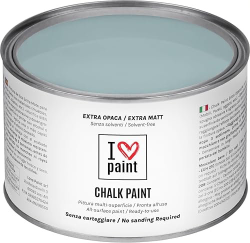 I LOVE CHALK PAINT color Azul Pastel 375 ml - Pintura a la tiza para muebles, paredes y objetos sin lijado - Sin disolventes ni formaldehído - Pintura para decoración efecto tiza a base de agua