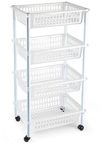 AC - Carrito verdulero Modelo PLFT de plástico con 4 Niveles y Ruedas, cestas apilables portaobjetos, Frutas, Verduras, Cocina, baño (Transparente - 85 x 40 x 30 cm)