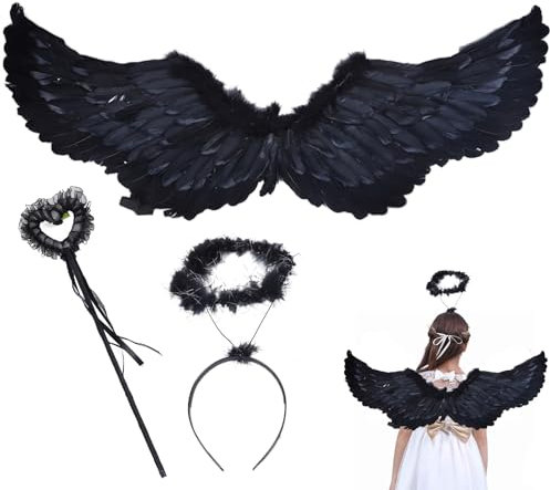 MORAINJAY Disfraz de Demonio Negro para Halloween,Alas de Ángel con Halo y Varita Mágica de Hada 80x35cm,Disfraz de Carnaval para Mujer y Niña, para Fiesta,Navidad y Cosplay