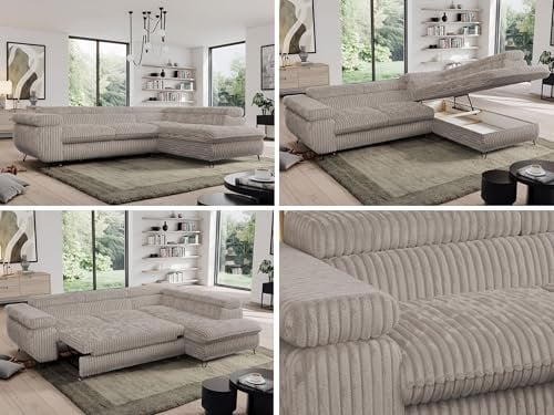 MKS MEBLE Sofa L, Wohnlandschaft L-Form mit Schlaffunktion und Bettkasten, Schlafsofa mit Bettkasten, Ecksofa, Sofa mit Einstellbare Kopfstützen, Pedro L - Grau Cord - Rechts