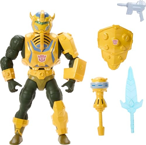 Masters of Universe Origins und Transformers Actionfigur, Man-at-Arms mit Bumblebee-Rüstung, ca. 14 cm großes, bewegliches Motu Collaboration Spielzeug, Zubehör und Mini-Comic, JGT17