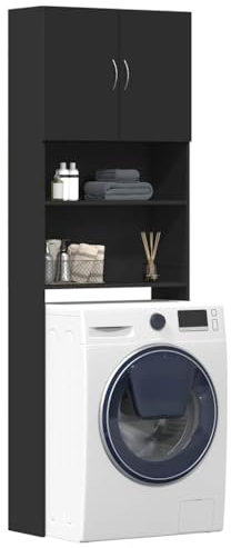 Mobile Lavatrice Nero 190x64x24 cm, Mobile Bagno Lavatrice, Mobiletto Porta Lavatrice da Bagno con Scaffale e Armadietti in Legno Multistrato (Peso 26,89KG)