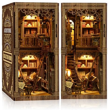 Book Nook Kit – (édition classique) – Puzzle miniature en bois à faire soi-même | Salle de collection de livres vintage avec lumières LED | Serre-livres 3D pour décoration d'étagère | Cadeaux créatifs