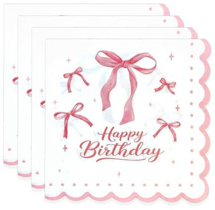 GoldRock Schleife Servietten Geburtstag Rosa 33x33cm,20 Stück Schleifen Happy Birthday Servietten,Bogen Geburtstagsservietten Pink für Kindergeburtstag,Girl,Mädchen,Frau,Birthday Deko Papierservietten