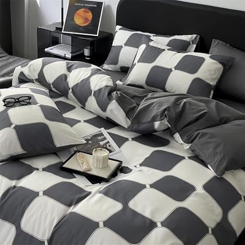YHXBD Bettbezug-Set, 3/4-teilig, 100 % Baumwolle, quadratisches Gitter, wendbar, ultraweich, atmungsaktiv, für Einzelbett, Doppelbett, A-01, 150 x 200 cm