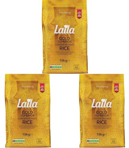 Laila Longer Basmati Rice 10Kg, Fluffy and Aromatic Rice Basmati Style, Rice With Long Grain, Gluten Free Rice for Curry, Biryani or Pilaf, 10Kg Basmati Rice (Pack of 3)