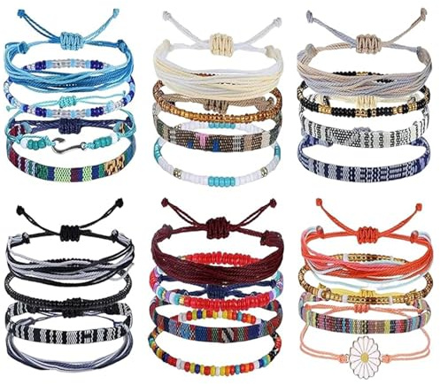 CJAPGJW 24 Stück Surferarmband Damen Set, Boho Armbänder für Frauen und Herren, Stoffarmband Damen, Bunt Stoffarmband Handmade Freundschaftsarmband Boho Fußkettchen für Damens