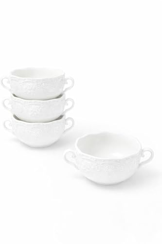 LEONARDO LUXURY HOME DESIGN Set 4 Tazze Consommé Porcellana Bianca 250 ml Doppio Manico Lavastoviglie Microonde Zuppa Minestra Antipasto Idea Regalo