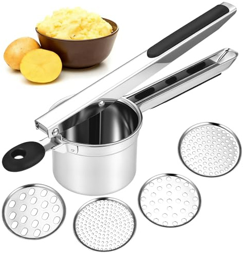 1 PcsPresse Puree Manuel, Presse Purée Manuel, presse puree inox, ecrase pomme de terre en acier inoxydable pour purée de pommes de terre, jus de fruits, légumes, avec 3 disques interchangeables