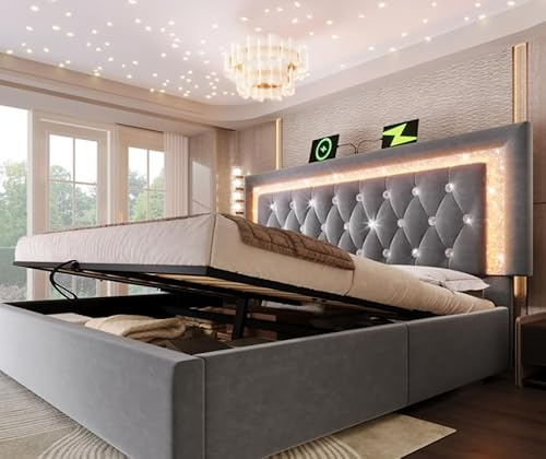 staronce Doppelbett Polsterbett 160x200 cm Samt mit LED & USB – Bett mit hydraulischem Stauraum & Type-C, grau, inkl. Lattenrost – modernes Jugendbett für Schlafzimmer & Gäste