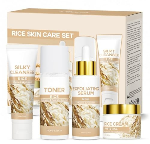 Rice 4-Step Skincare Set | Face Exfoliating Serum, Cleanser, Toner & Moisturizing Cream | Hydrating & Refining for Dull, Dry Skin | Birthday Gift for Teen Girls & Women Mother's Day Christmas