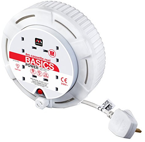 Masterplug Four Socket Cassette Reel Extension Lead, 4 Metres, White