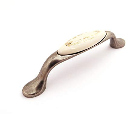 SOTECH Porzellangriff Venus BA 96 mm | Cremefarbig mit Golddekor / Silber Antik patiniert Möbelgriffe