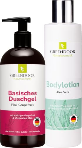GREENDOOR Urlaubs-Reiseset / Beauty-Set Basic, SPARSET natürliche Bodylotion Aloe Vera & basisches Duschgel Pink Grapefruit, Naturkosmetik für die Reise direkt vom Hersteller