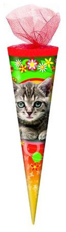 Schultüte / Zuckertüte / Länge: 35cm / rund / Tüllverschluss / Katze