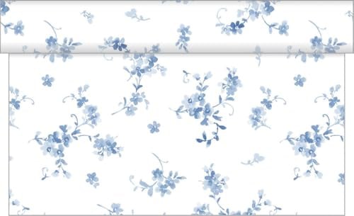 Sovie HOME Tischläufer Bonnie, BLAU, Linclass® Airlaid, 40cm x 4,80m, 1 Stück, perforiert alle 30cm, zartes Blütendesign, Ideal für Hochzeiten & Partys