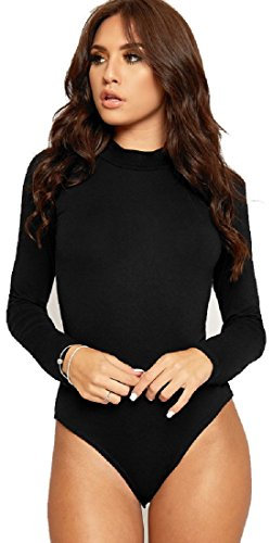 Red Olives® Womens Ladies Plain High Polo Turtle Neck Long Sleeve Bodysuit Leotard Top UK 8-14 (12/14, Black)