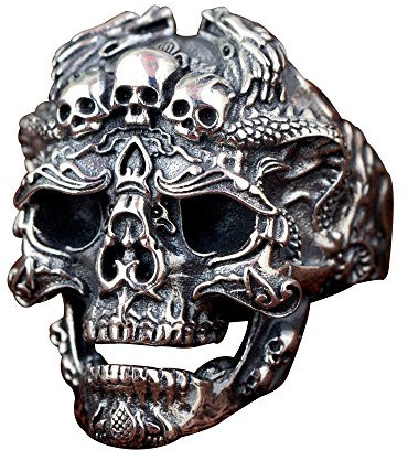 Gothic Schwarz 925 Sterling Silber Totenkopf Ring mit Drachen Multi Schädel Kopf für Herren Damen Offen und Verstellbar
