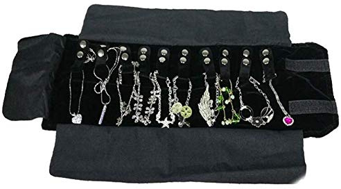 VALINK Suave Terciopelo Joya Rollo Bolsa, Collares Colgantes Organizador Bolsas Almacenaje, Portátil Cadena Enrollable Plegable Pantalla Funda Exhibiting Viaje Portando Negro/Gris, 48x29 CM