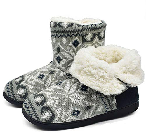 ONCAI Damen Warme Hausschuhe Stiefel Gestrickte Mode Winterschuhe Bootie Muster Gedruckt Rutschfeste Baumwollschuhe Grau 40/41 EU
