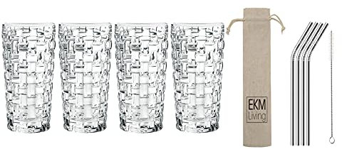 Spiegelau & Nachtmann, 4-teiliges Longdrink-Set, Kristallglas, 395 ml, Bossa Nova, 0092075-0 + 4er Set EKM Living Edelstahl Strohhalme Silber gebogen
