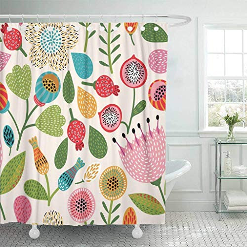 qhtqtt Duschvorhang Mit Haken Bunte Blume Blumenmuster Rot Vintage Retro Blatt Pastell Modern Abstrakt Niedlich Dekorativ Badezimmer 180X200Cm A