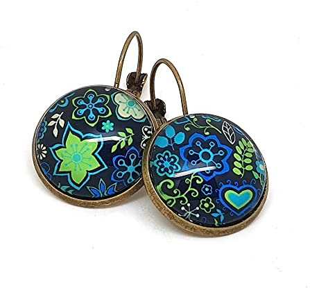 Boucles d'Oreilles Dormeuses cabochon verre fleurs - Bleu marine et vert anis - Outre Mer