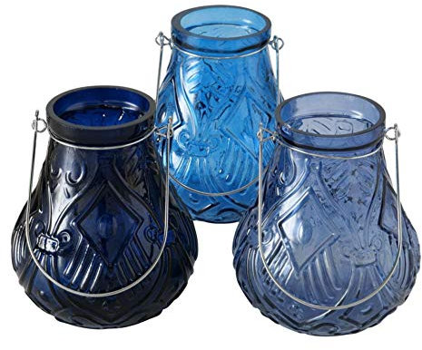 Glas Leuchter Kerzenleuchter Windlichter Teelichthalter 3er Set farblich Sortiert mit erhabenen Ornamenten hellblau dunkelblau H14,5cm B12,5cm