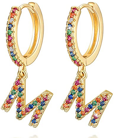 M Buchstaben Ohrringe Creolen Mädchen Damen Kinder 14K gold Regenbogen Zirkonia Anfängliche baumelnde Klein Huggie Ohrringe Schmuck