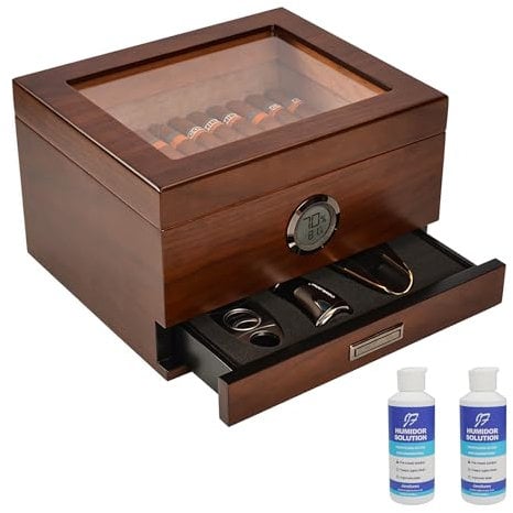 Jansfuren Cave à cigares avec affichage en verre, hygromètre numérique avant et tiroir pour accessoires, boîte de rangement en bois de cèdre espagnol, fait à la main, peut contenir 25 à 55 cigares