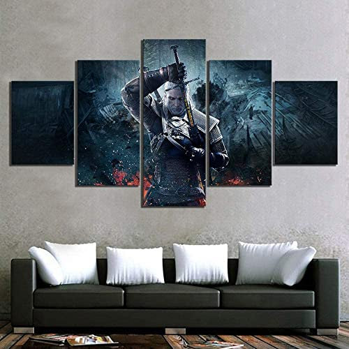 TANOHA 5 Stück The Witcher 3 Wilde Jagd Spiel Poster Kunstwerk Gemälde Leinwand Kunst Für Wohnzimmer Wand Decor-Mit Rahmen.,L