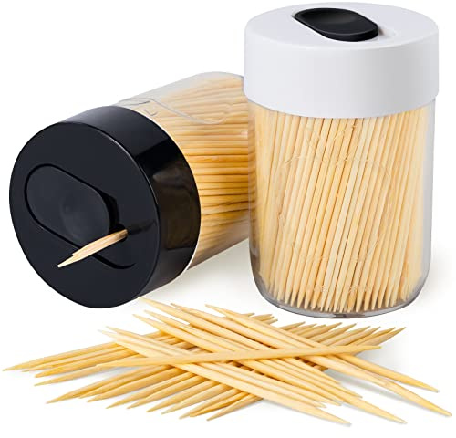 Urbanstrive Sturdy Safe Toothpick Holder with Natural Wood Toothpicks for Teeth Cleaning, Unique Home Design Decoration, Unusual Gift (2, Black+White)
