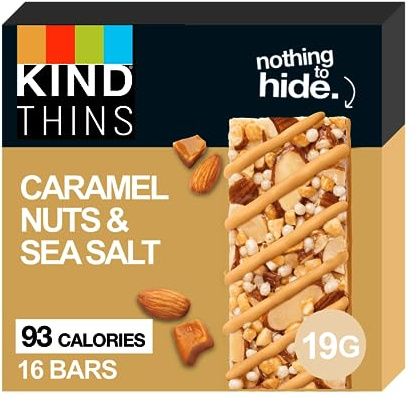 KIND Thins, Gluten Free Snack Bars, Caramel Nuts & Sea Salt, High Fibre, Healthy Snack, 93 calories, No Artificial Colours, Flavours or Preservatives, Multipack 16 x 19g
