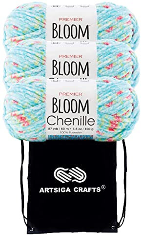 Premier Yarns Bloom Chenille Yarn Begonia 2099-07 (3-matasse) Stesso Dyelot Peso S Bulky #6 100% Poliestere Bundle con 1 Artsiga Craft Bag