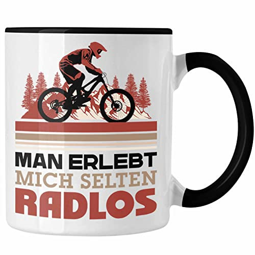 Trendation - Mountainbiker Tasse Geschenk Spruch Männer Man Erlebt Mich Selten Radlos (Schwarz)