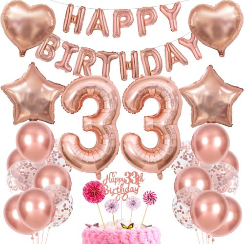 Rose Gold 33rd Birthday Women Decoration Gift - Balloon, Cake Decoration, 33 Years Woman