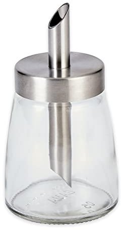 RSVP International Glass Sugar Dispenser with Pour Spout Stainless Steel Lid, Sleek Decorative Design for Countertop, Cabinet or Coffee Bar, 2.5x5.2x5