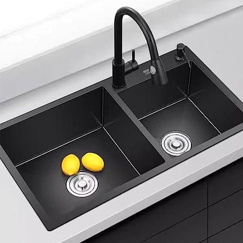 Fregadero De Cocina Negro De Dos Senos Gran Capacidad Con Grifo Negro - Acero Inoxidable Grueso - Accesorios Incluidos (S : 72x40x21cm)
