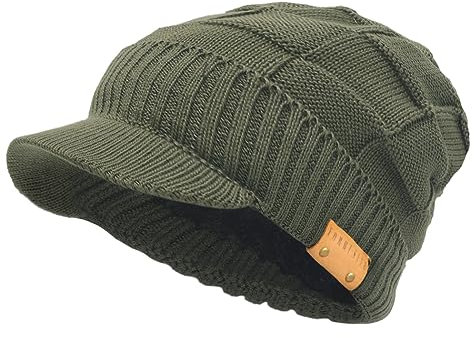 Männer Gestrickte Visier Mütze Vlies Gefüttert Stulpe Winter Täglich Strickmützen (Plaid-Grün)