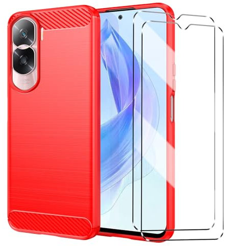 Funda compatible con Honor 90 Lite con 2 protectores de pantalla de vidrio templado para Honor 90 Lite, ajuste delgado, TPU suave, a prueba de golpes, antiarañazos, color rojo