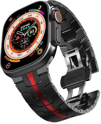 KADES Correa de acero inoxidable para Apple Watch, eslabones de metal, correa de repuesto para Ultra 2, Series 10, SE/6/5/4, 3/2/1, negro/rojo