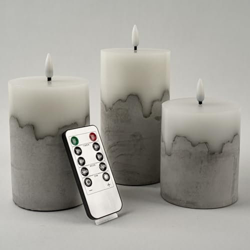 WinsTime LED-Kerzen Flammenlose Kerzen mit Fernbedienung Timer Funktion, Batteriekerzen, LED-Kerzen Beton-Sockel Flamme, tanzender Flamme, echtem Wachs, 3er-Set(10cm, 12.5cm, 15cm)