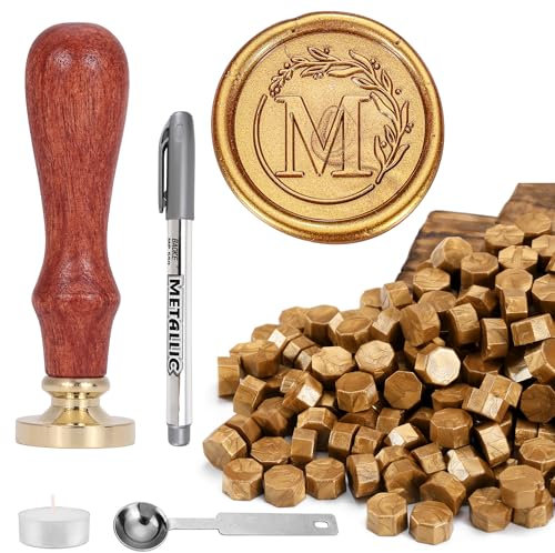 Mogokoyo Wachs Siegelstempel Set 120 Stück Siegelwachs Perlen Gold mit Siegelstempel A Wachssiegel Stempel für Hochzeit Umschlägen Geschenkbox (M)