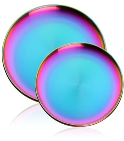 Buyer Star 2 Stück Edelstahl Teller, Edelstahl Platten, Metall-Speiseteller für Steaksalat, Dessertteller, Edelstahlteller Servierteller für Camping, Küche, Grillen, Party, (23/30cm) Regenbogen