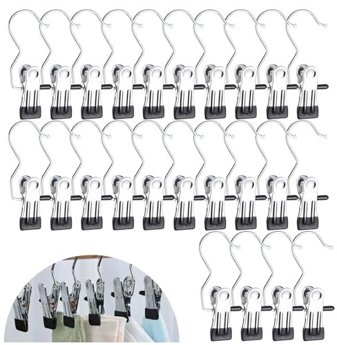 Mynoozi 24 ganchos portátiles para lavandería, clip de gancho de metal antideslizante con giro de 360 grados para cuelga ropa, bufanda, cinturón, guantes, zapatos, prendas (plateado y negro)