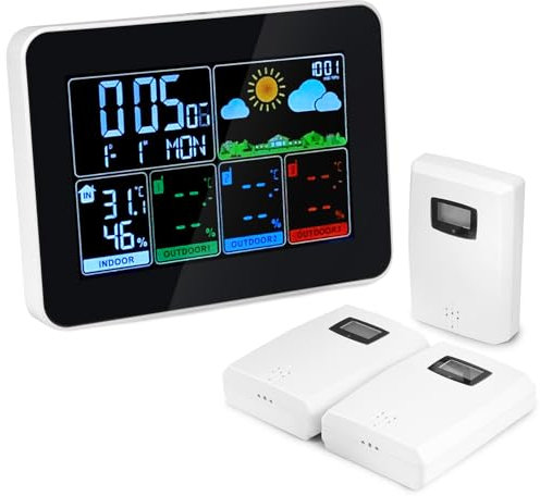 QWORK® Stazione meteo radio con 3 sensori esterni, termometro igrometro, schermo LCD a colori, previsioni meteo e tendenze