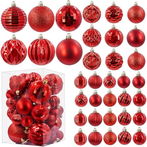 JORNOY 47 ct bruchsichere rote Weihnachtskugel-Ornamente mit Umhängeband, Disco, geriffelt, Kürbis, Kunststoff, hängende Kugel, Weihnachtsbaumschmuck, Party/Urlaubsdekoration (klein, mittel, groß)