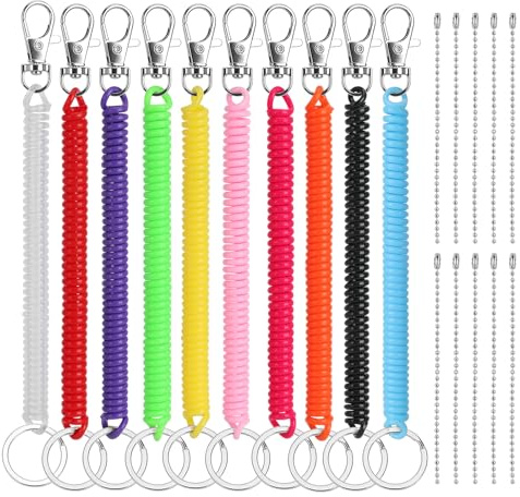10 Pieces Stretchy Spiral Keyring Set, Retractable Safety Spring Holder | Colourful Plastic Design with Bead Chains, Ideal for School Bags, Id Cards, Wallets, Phones and Backpack Organisation