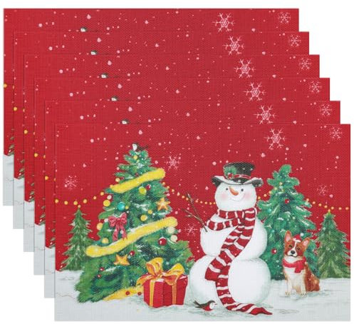 Banchif Tischsets Weihnachten Das Tischset Ist Mit Weihnachtsbaum und Schneemann Motiv Abwaschbar rutschfest Abgrifffeste Hitzebeständig PVC Platzsets Tischdeko Weihnachten Set of 6