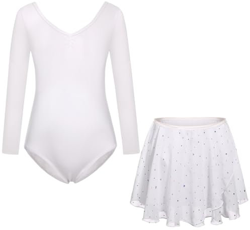 FONLAM Ballettkleid Balletttrikot für Mädchen Tanzkleid Turnanzug Langarm Ballettanzug Glitzer Ballettrock Kinder (8-9 Jahre, Weiß)